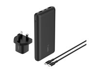 Belkin BoostCharge - Power bank + växelströmsadapter - 20000 mAh - PD - 3 utdatakontakter (USB-C, 2 x USB) - på kabel: USB-C - Storbritannien - med fickfodral med dragkedja BU042MYBK