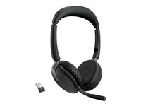 Jabra Evolve2 65 Flex UC Stereo - Headset - på örat - Bluetooth - trådlös - aktiv brusradering - USB-A - svart - med trådlös laddningsplatta - Optimerad för UC 26699-989-989