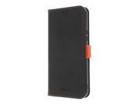 Insmat Flip Case - Vikbart fodral för mobiltelefon - genuint läder, termoplastisk polyuretan (TPU), kartong+papper+aluminiumfolie - svart/orange - för Samsung Galaxy A34 5G 650-3145