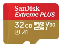 SanDisk Extreme PLUS - Flash-minneskort (adapter, microSDHC till SD inkluderad) - 32 GB - A1 / Video Class V30 / UHS-I U3 - microSDHC UHS-I SDSQXBG-032G-GN6MA